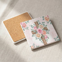 Floral Cross ceramic coasters set of 4, cork back