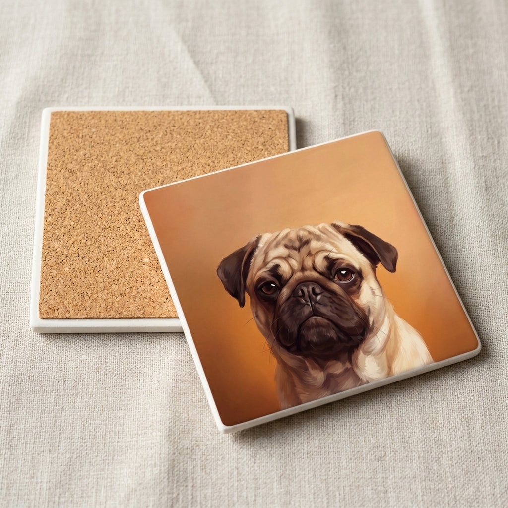 Pug Portrait ceramic coasters set of 4, cork back