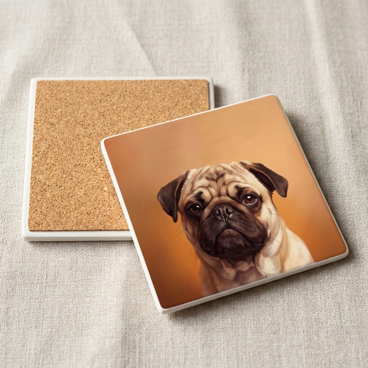 Pug Portrait ceramic coasters set of 4, cork back