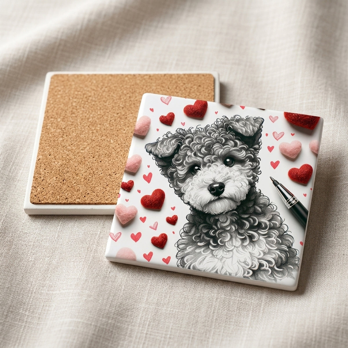 Poodle ceramic coasters set of 4, cork back