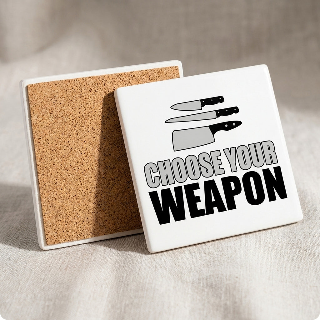 Choose Your Weapon - Chef Knives ceramic coasters set of 4, cork back