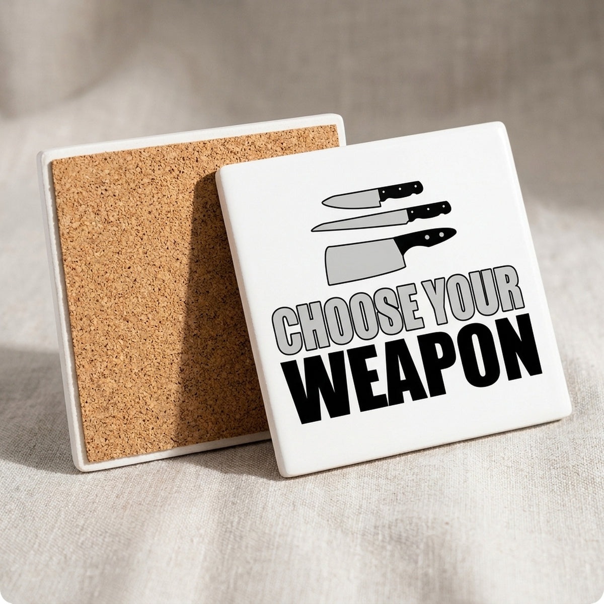 Choose Your Weapon - Chef Knives ceramic coasters set of 4, cork back