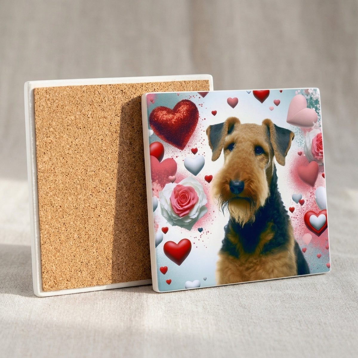 Airedale Terrier ceramic coasters set of 4, cork back