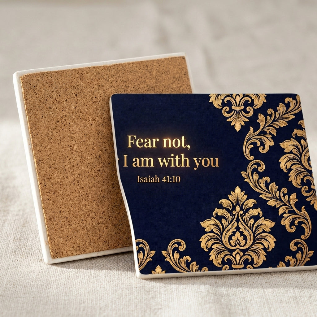 Isaiah 41:10 ceramic coasters set of 4, cork back
