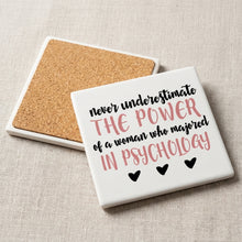 Never Underestimate Woman in Psychology ceramic coasters set of 4, cork back