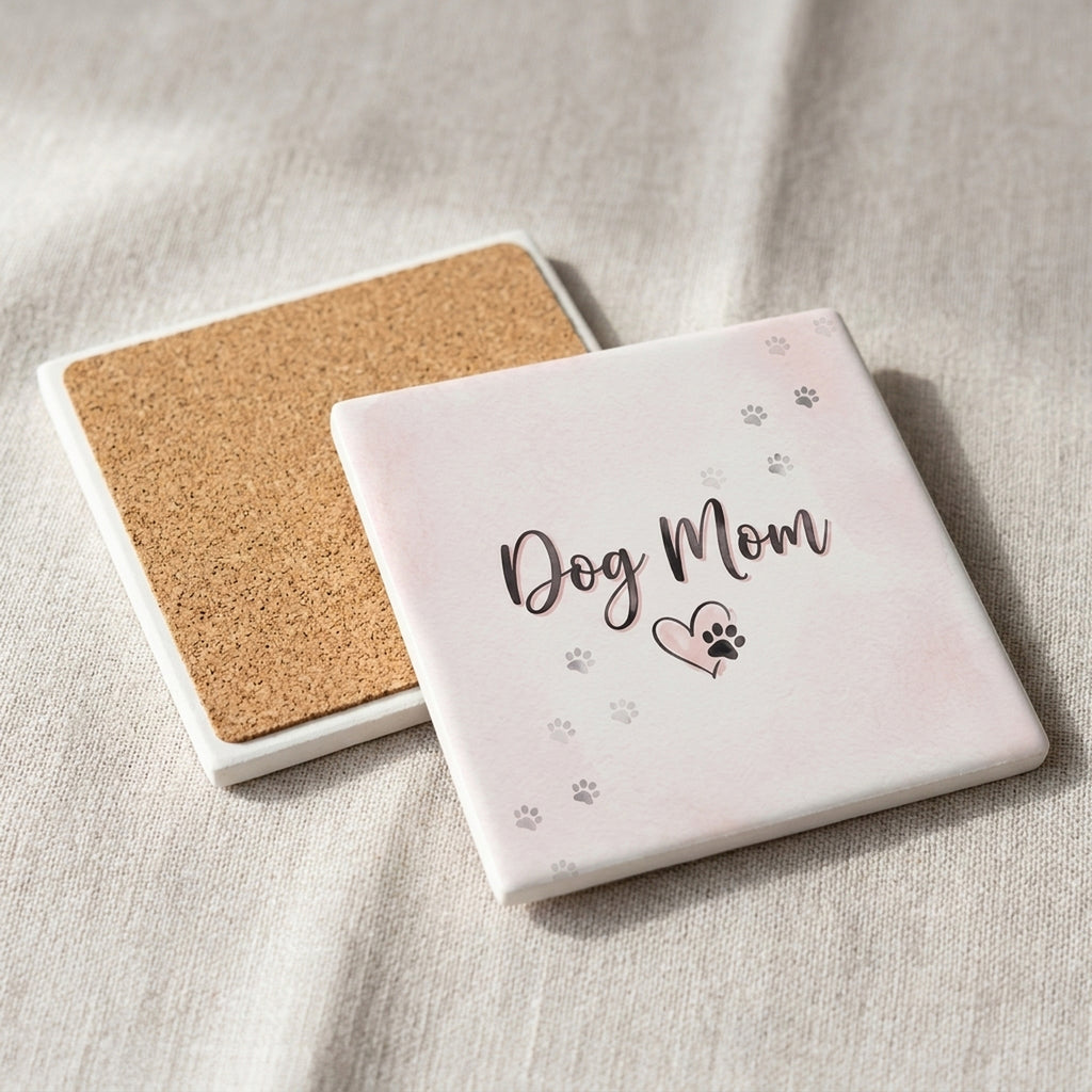 Dog Mom Heart Paw ceramic coasters set of 4, cork back