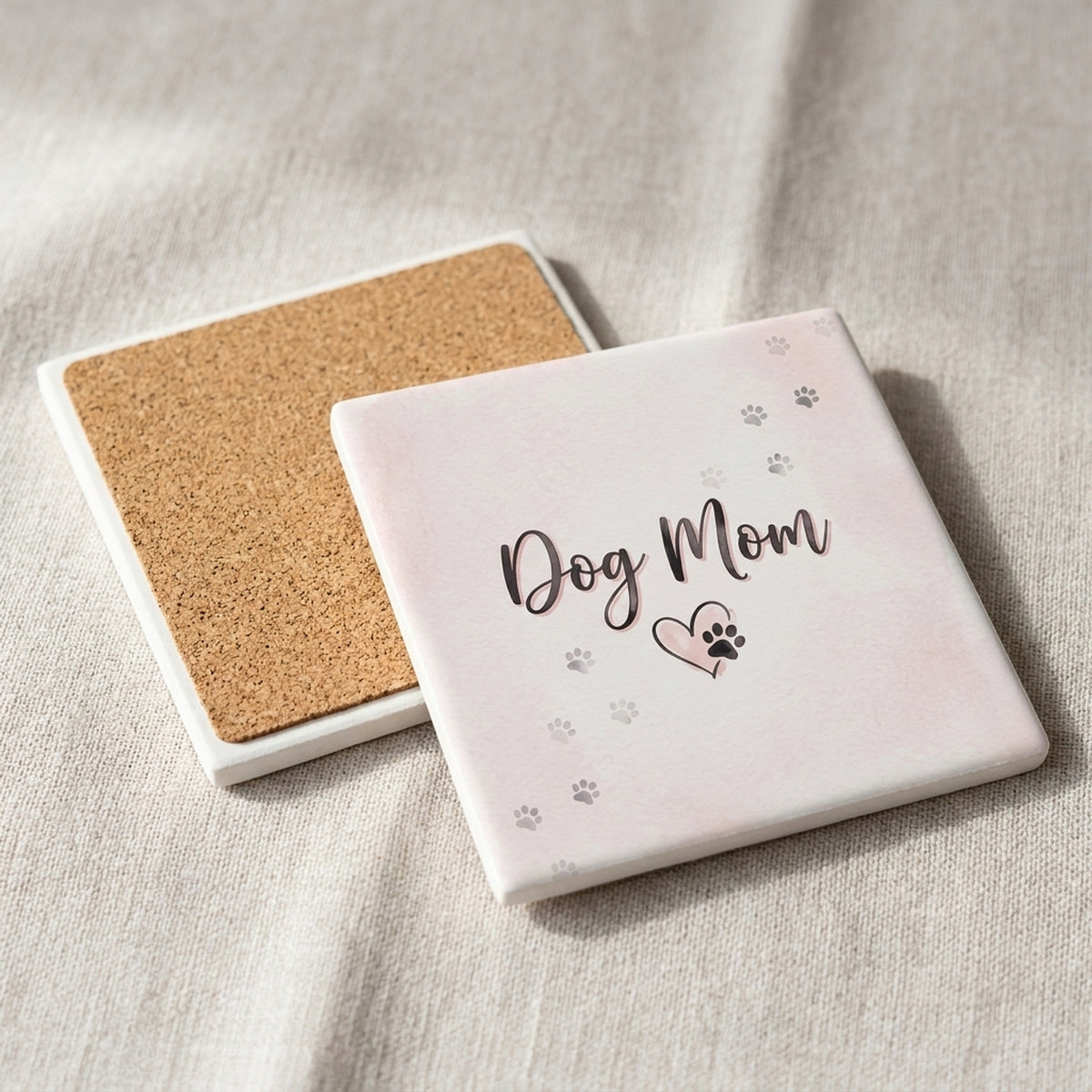 Dog Mom Heart Paw ceramic coasters set of 4, cork back