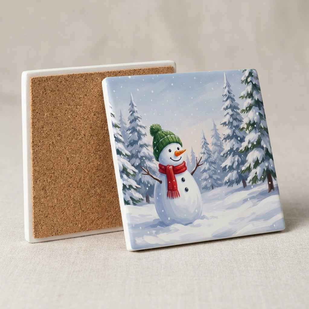 Snowman Winter ceramic coasters set of 4, cork back