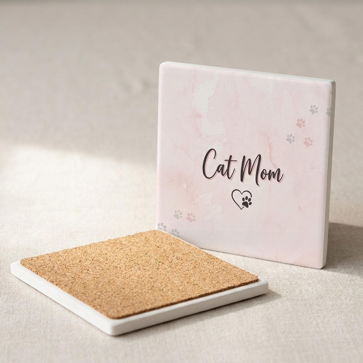 Cat Mom Heart Paw ceramic coasters set of 4, cork back