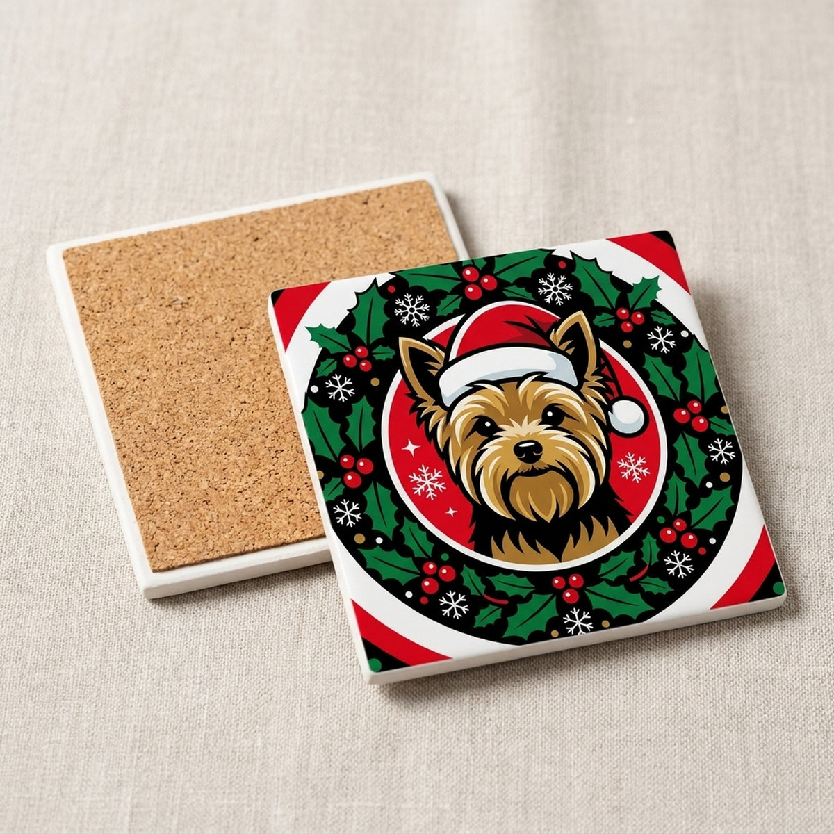 Yorkshire Terrier Christmas Ornament Art ceramic coasters set of 4, cork back