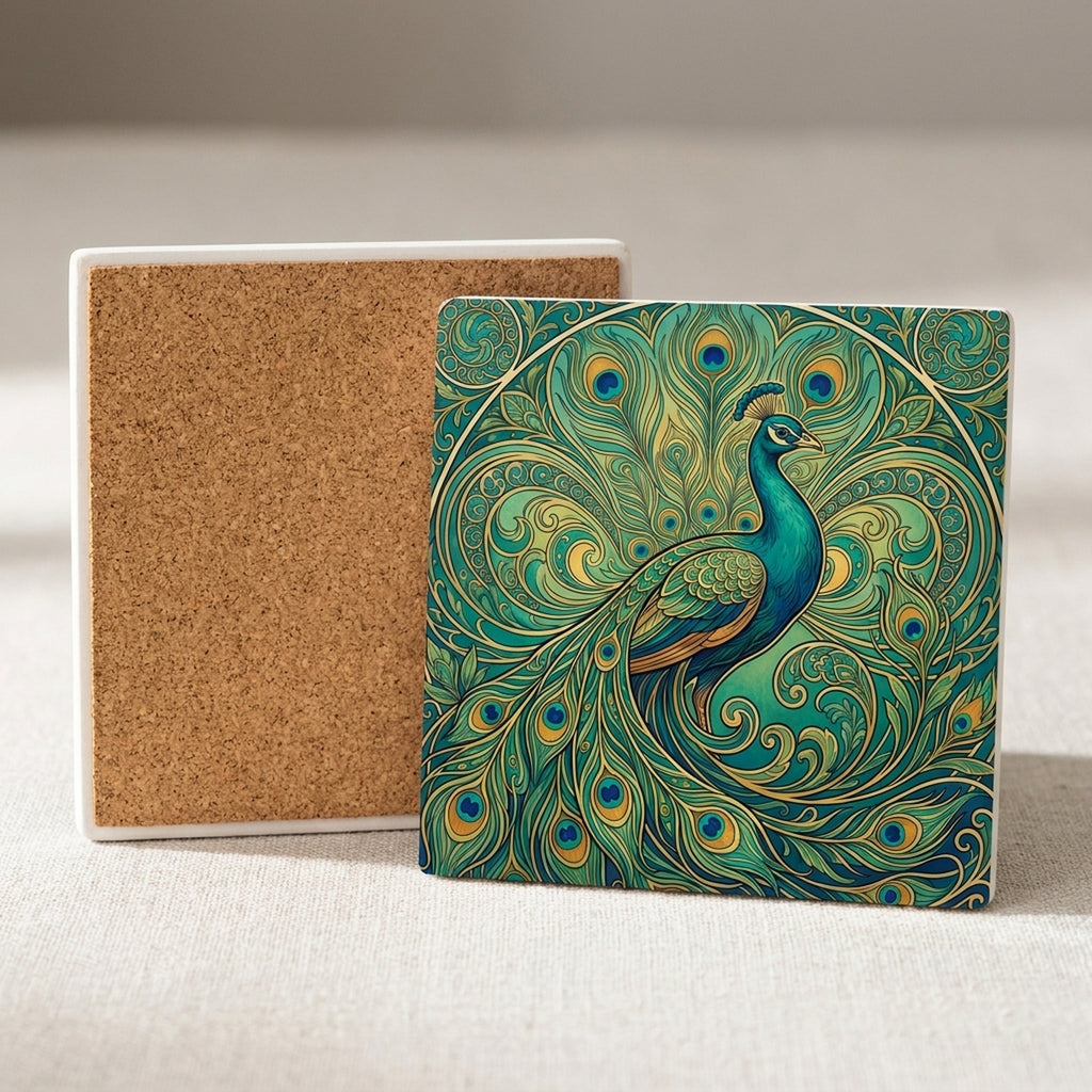 Art Nouveau Peacock ceramic coasters set of 4, cork back