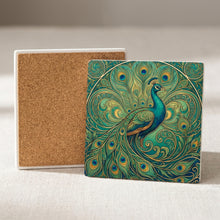 Art Nouveau Peacock ceramic coasters set of 4, cork back