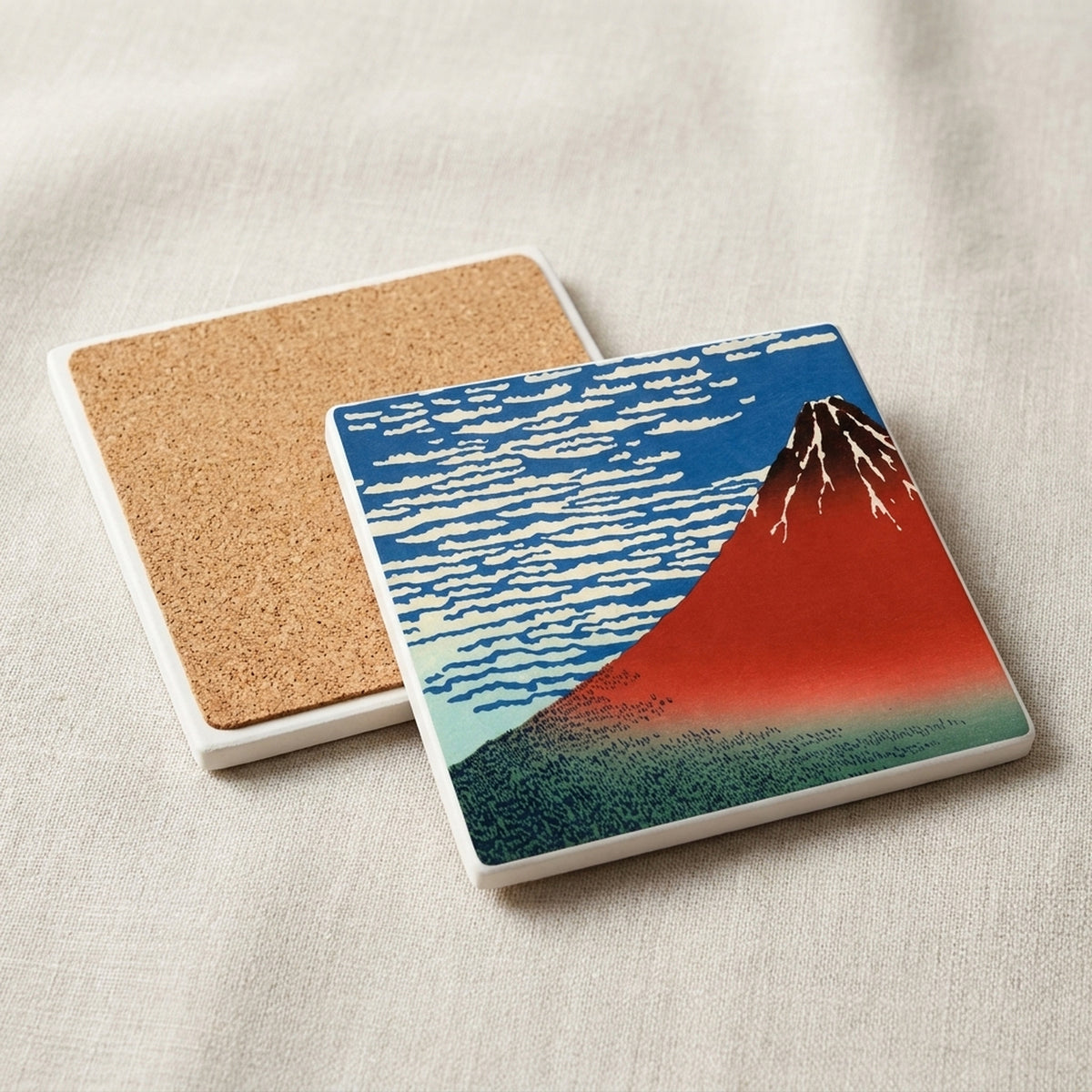 Red Fuji ceramic coasters set of 4, cork back