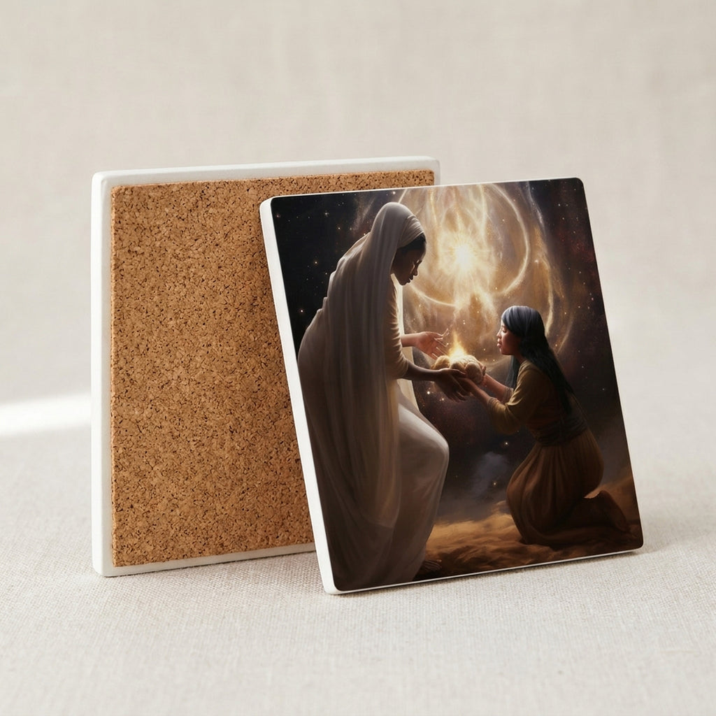 Celestial Gold Nativity ceramic coasters set of 4, cork back