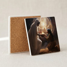 Celestial Gold Nativity ceramic coasters set of 4, cork back