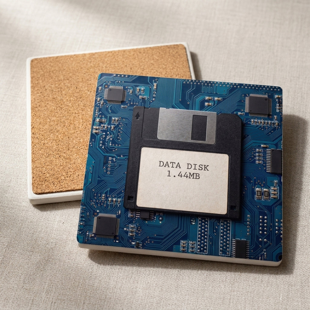 Floppy Disk ceramic coasters set of 4, cork back