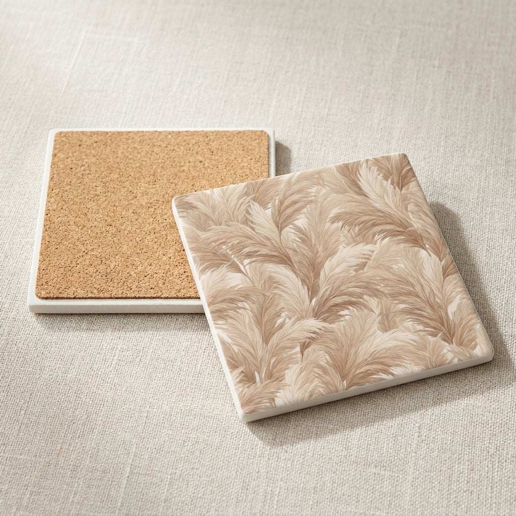 Boho Pampas ceramic coasters set of 4, cork back