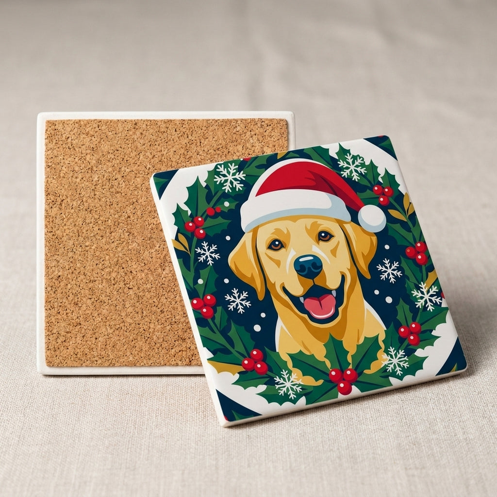 Labrador Retriever Christmas Ornament Art ceramic coasters set of 4, cork back