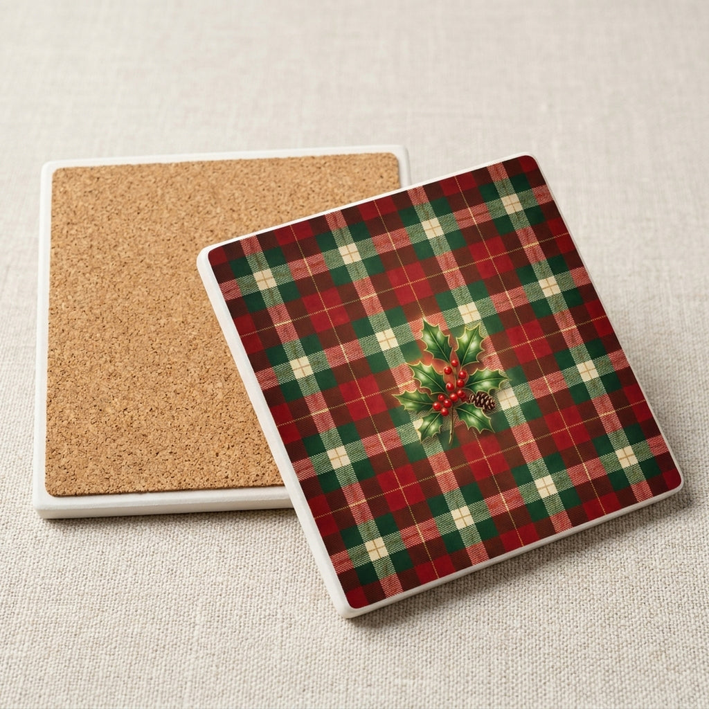 Christmas Plaid ceramic coasters set of 4, cork back