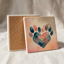 Watercolor Paw Heart ceramic coasters set of 4, cork back