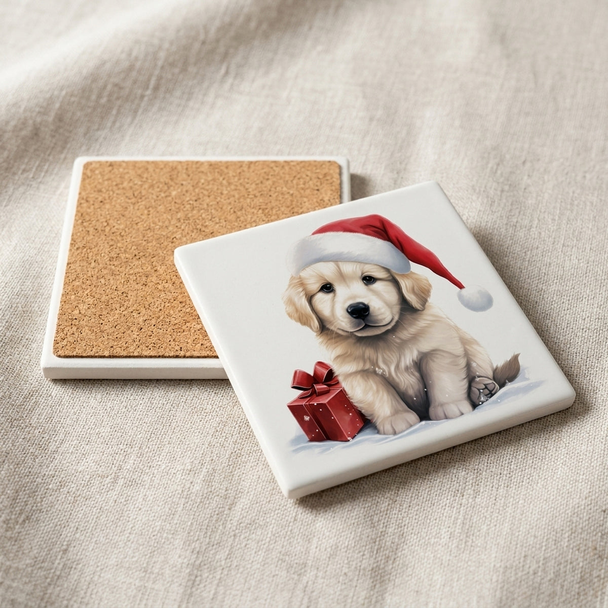 Kuvaszok Puppy Drawing ceramic coasters set of 4, cork back