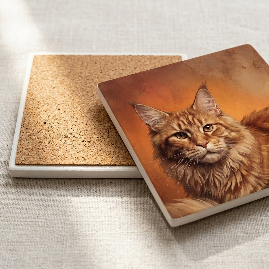 Maine Coon Cat Portrait ceramic coasters set of 4, cork back