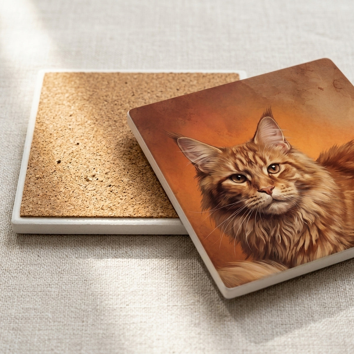 Maine Coon Cat Portrait ceramic coasters set of 4, cork back