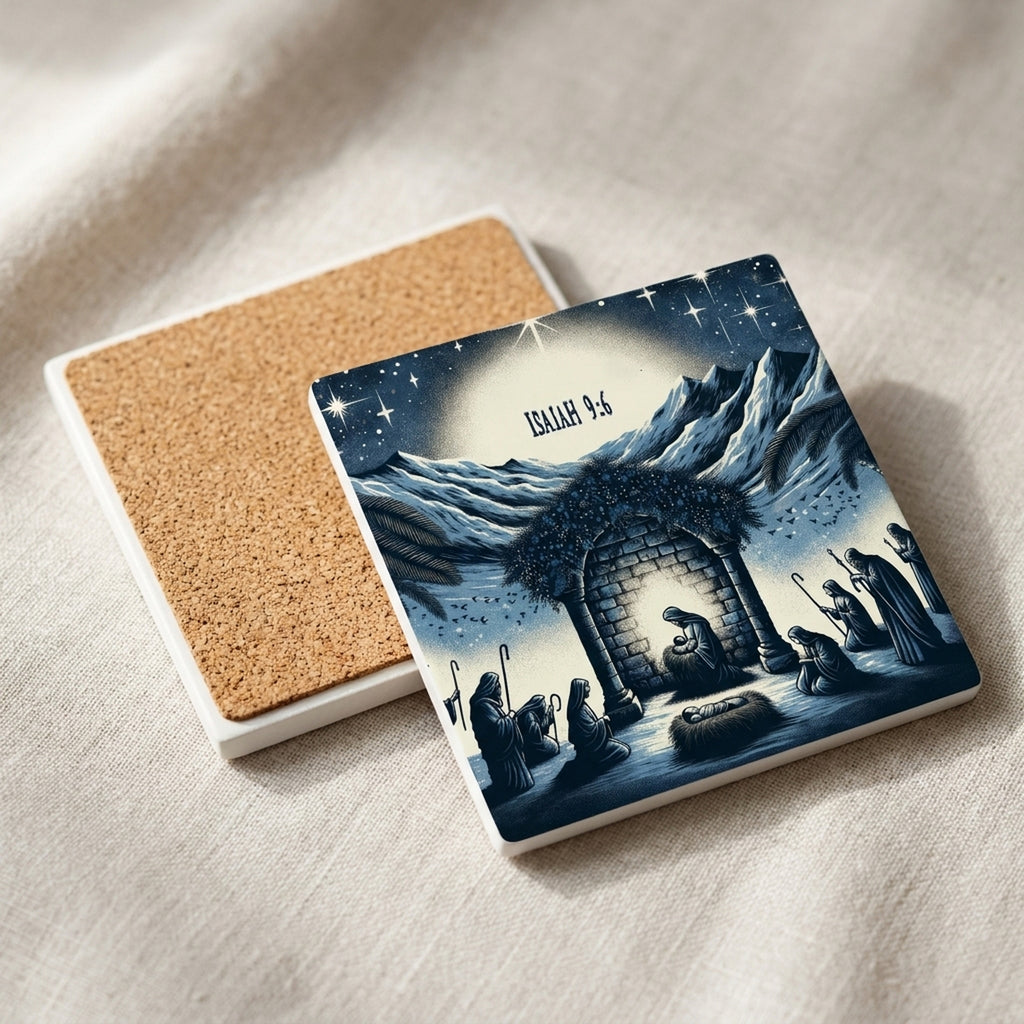 Midnight Blue Nativity ceramic coasters set of 4, cork back