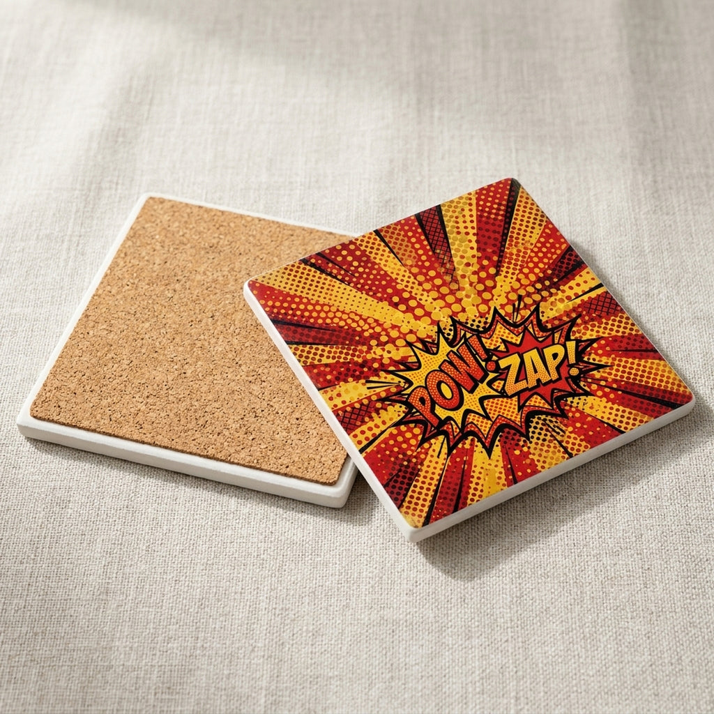 Pop Art Comic Dots ceramic coasters set of 4, cork back