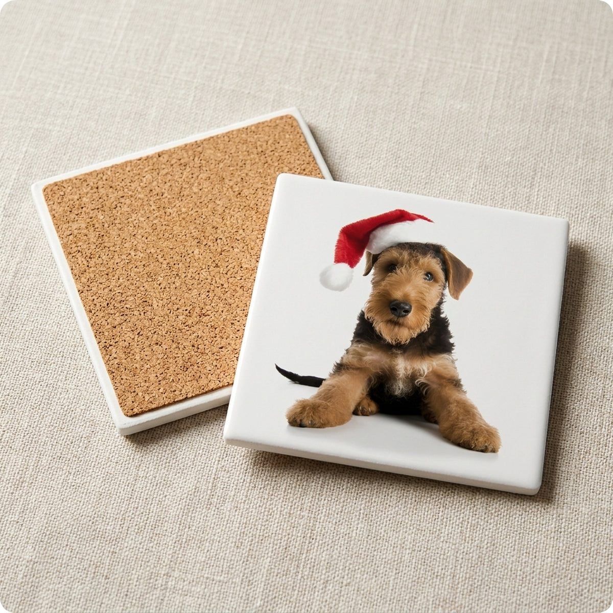 Airedale Terrier Puppy ceramic coasters set of 4, cork back