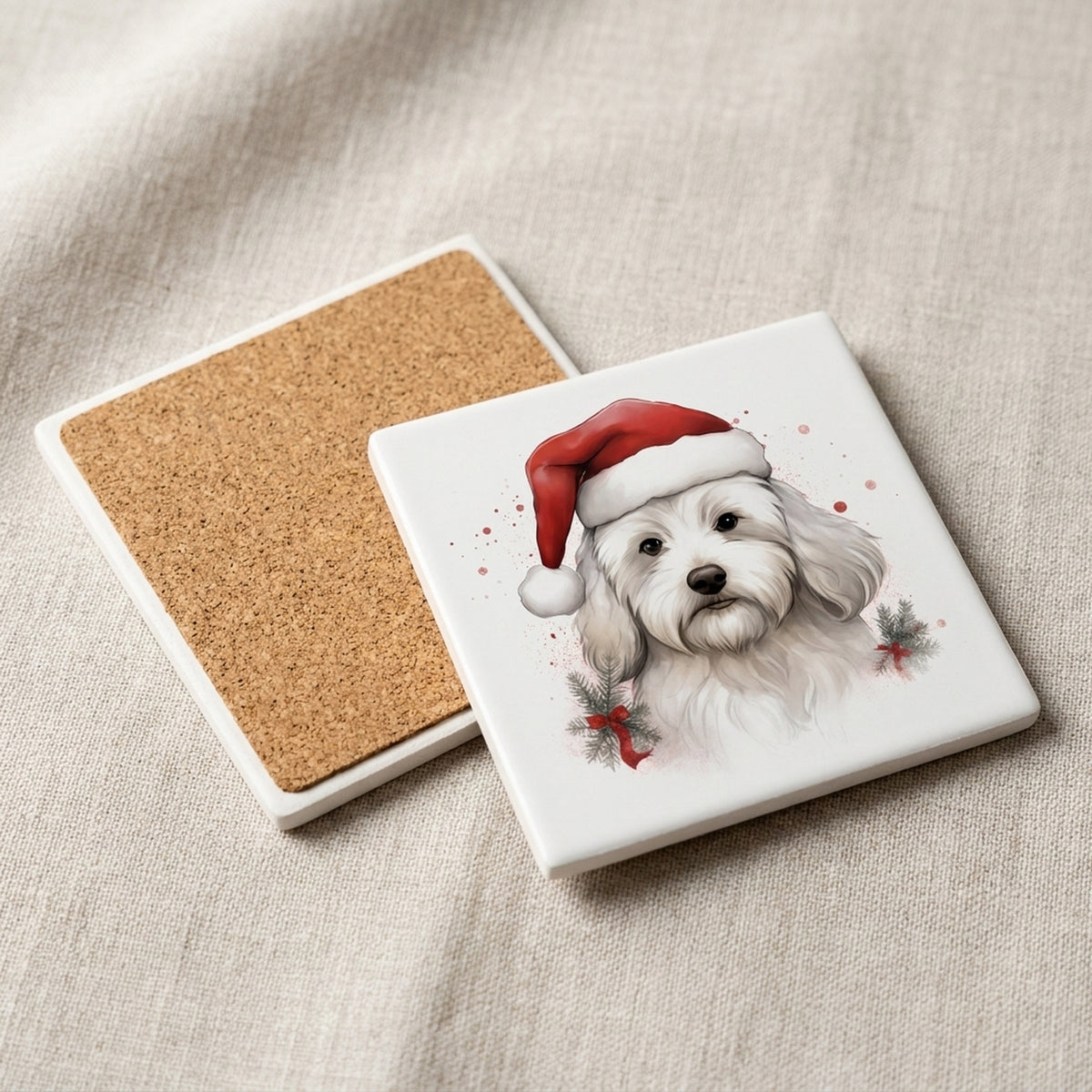 Coton de Tulear ceramic coasters set of 4, cork back