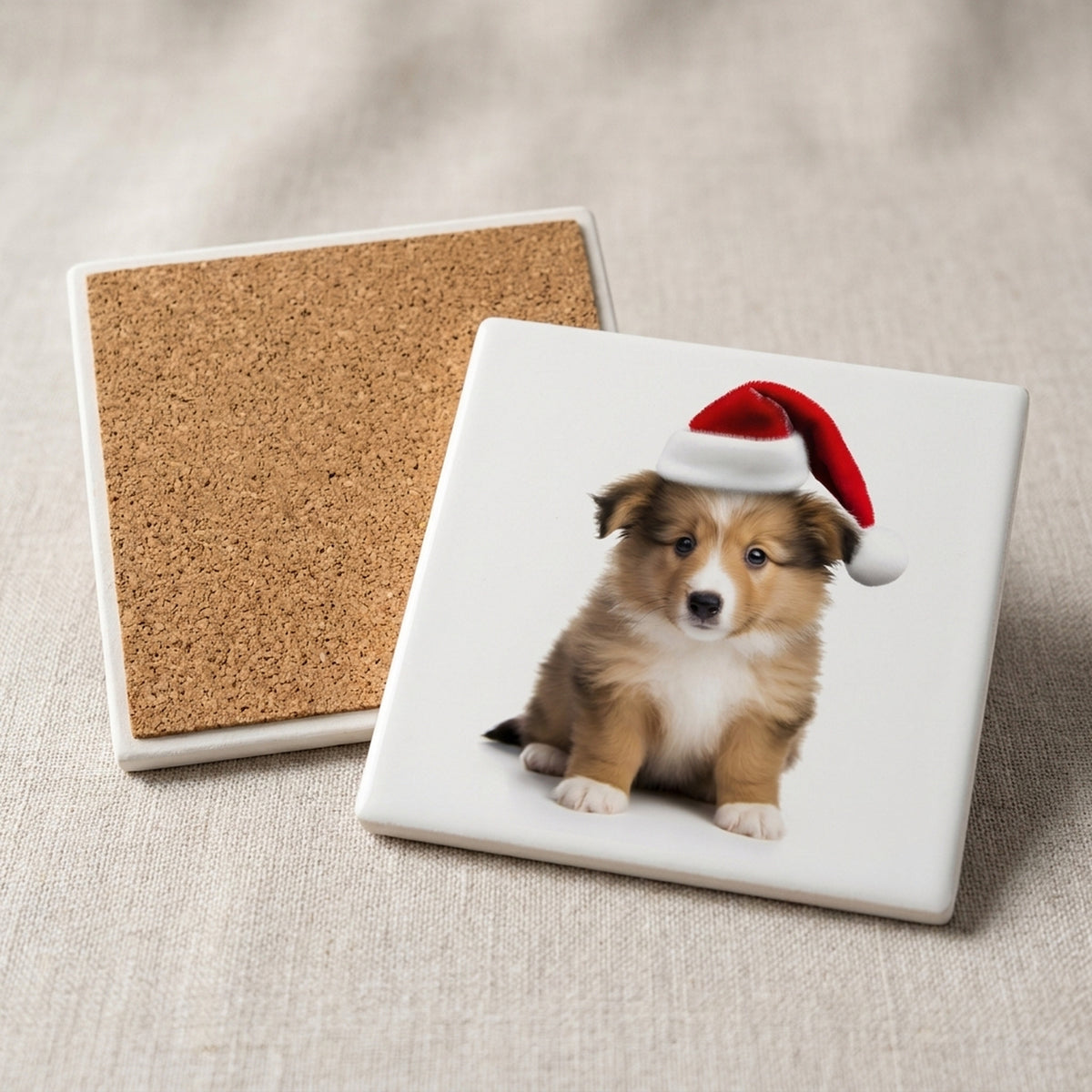Shetland Sheepdog Puppy ceramic coasters set of 4, cork back