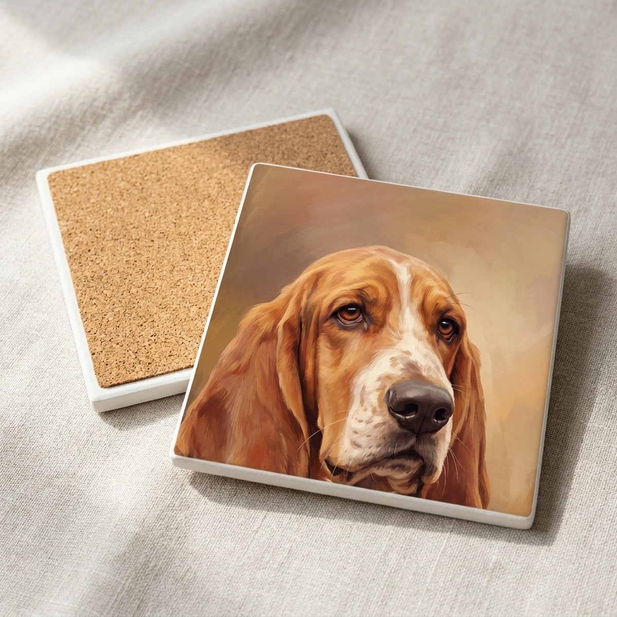Basset Hound Portrait ceramic coasters set of 4, cork back