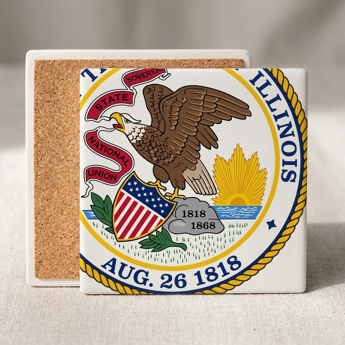 Illinois State Flag ceramic coasters set of 4, cork back