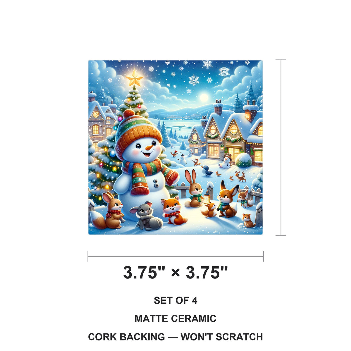 Winter Snowman Village ceramic coasters set of 4, size 3.75 inches