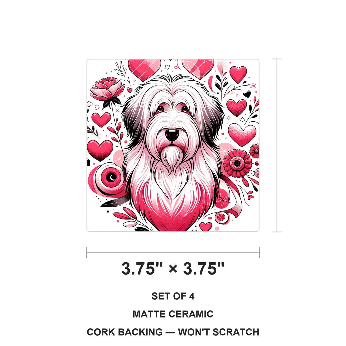 Old English Sheepdog ceramic coasters set of 4, size 3.75 inches