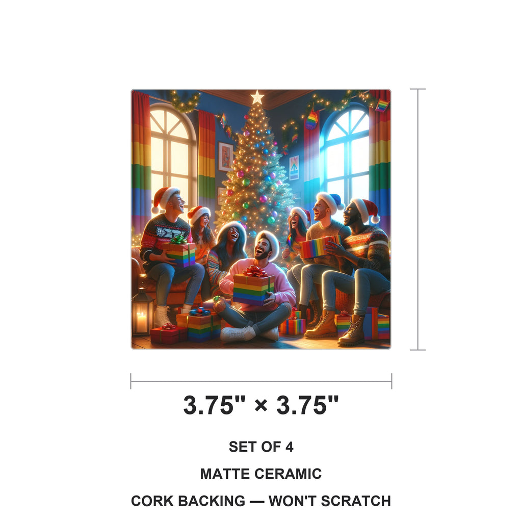 Rainbow Christmas Cheer ceramic coasters set of 4, size 3.75 inches