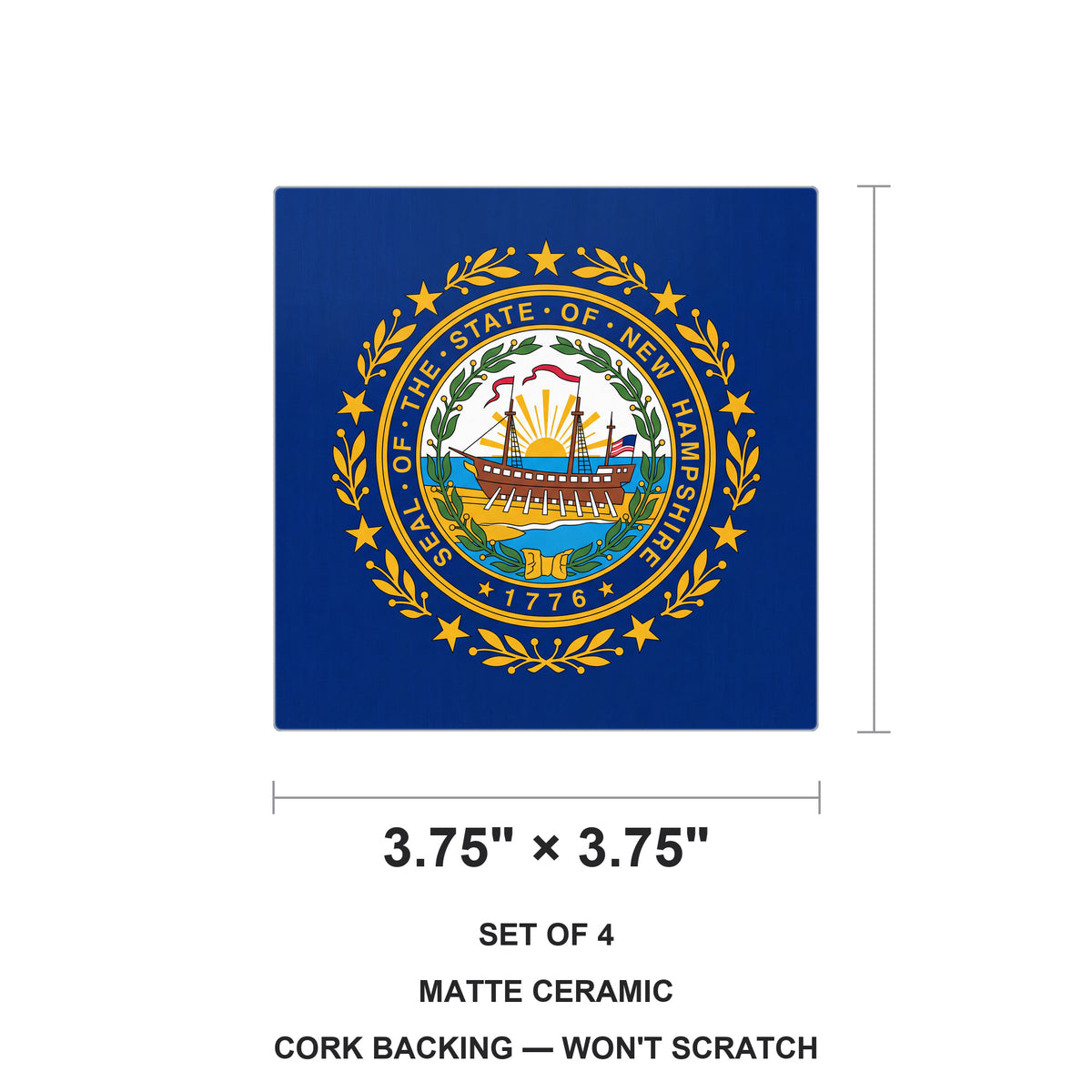 New Hampshire State Flag ceramic coasters set of 4, size 3.75 inches