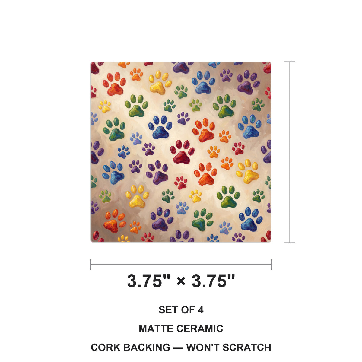 Colorful Paw Prints ceramic coasters set of 4, size 3.75 inches