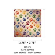 Colorful Paw Prints ceramic coasters set of 4, size 3.75 inches