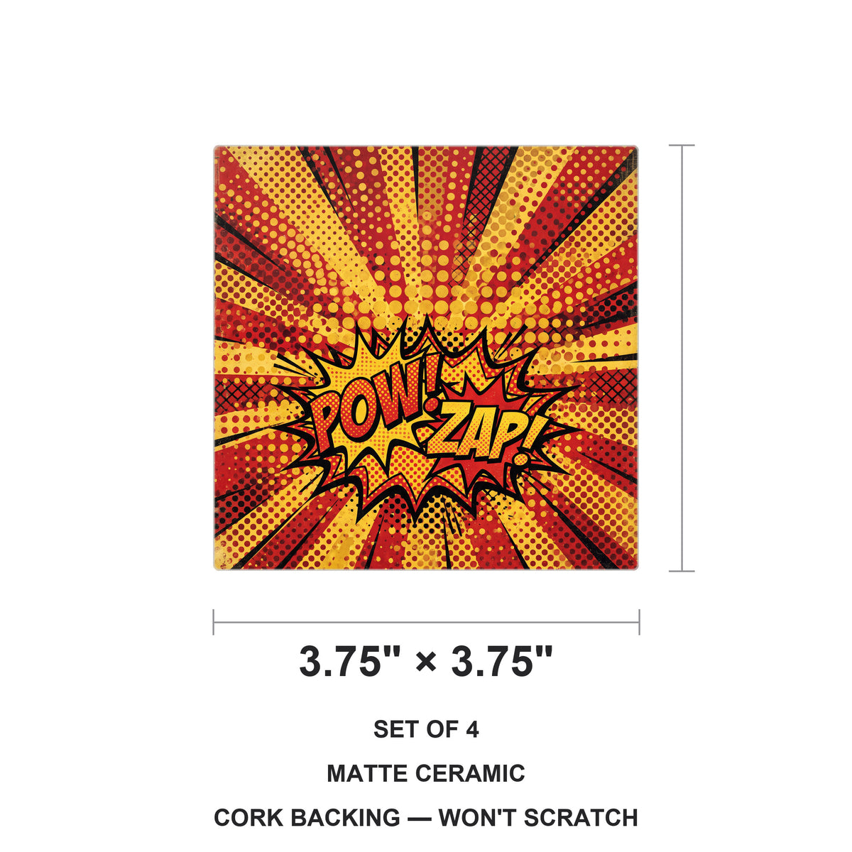 Pop Art Comic Dots ceramic coasters set of 4, size 3.75 inches