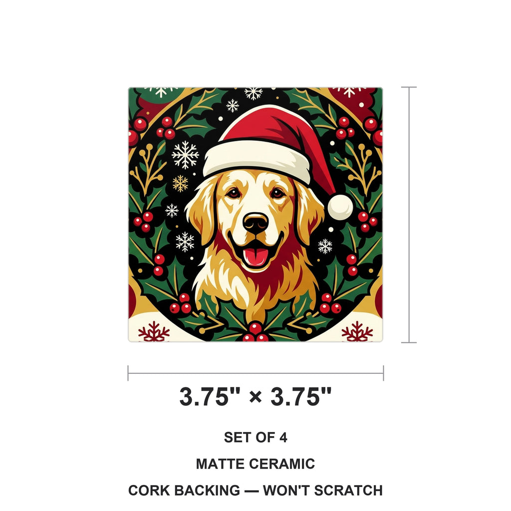 Golden Retriever Christmas Ornament Art ceramic coasters set of 4, size 3.75 inches