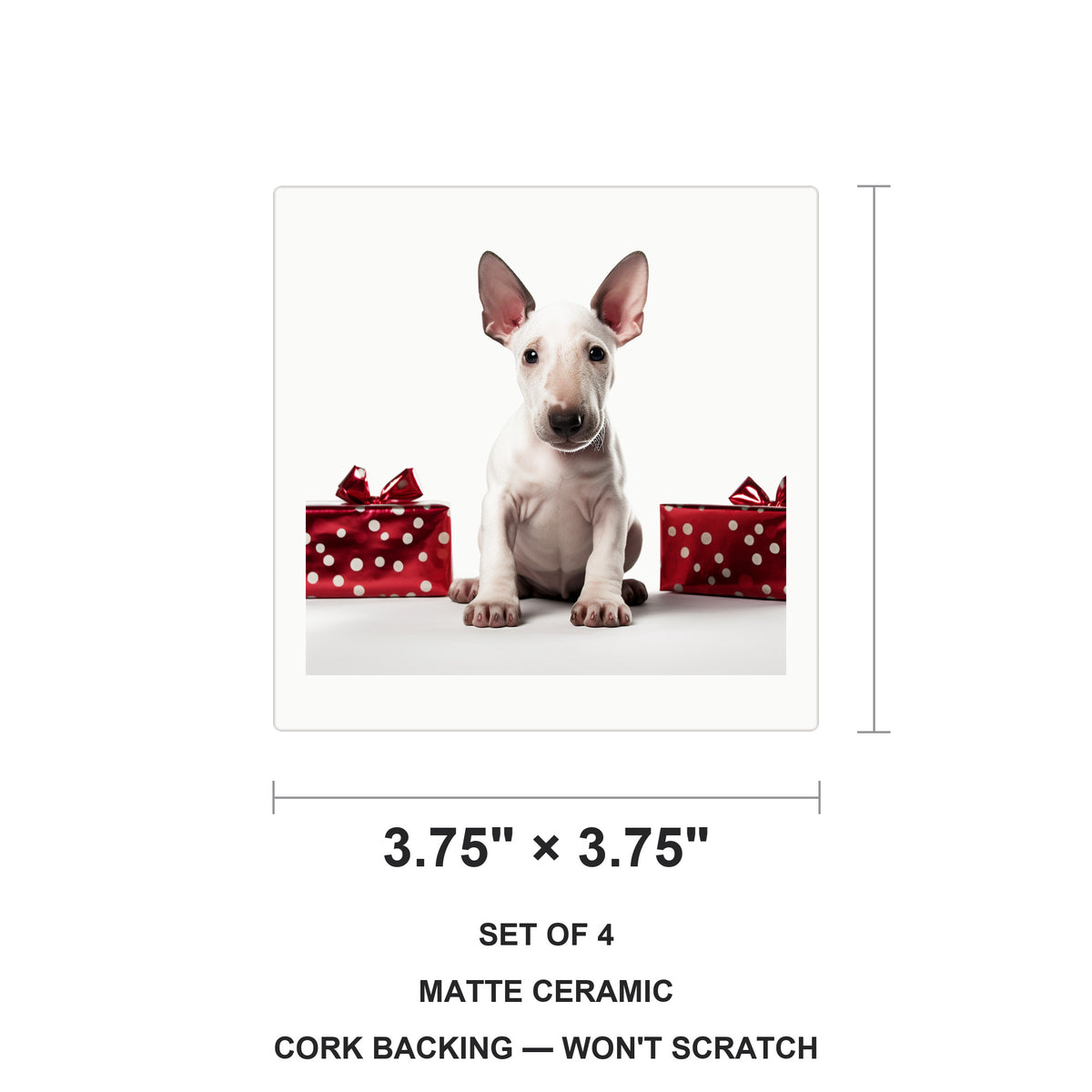 Miniature Bull Terrier Puppy ceramic coasters set of 4, size 3.75 inches