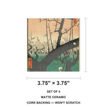 Hokusai Plum Blossom ceramic coasters set of 4, size 3.75 inches