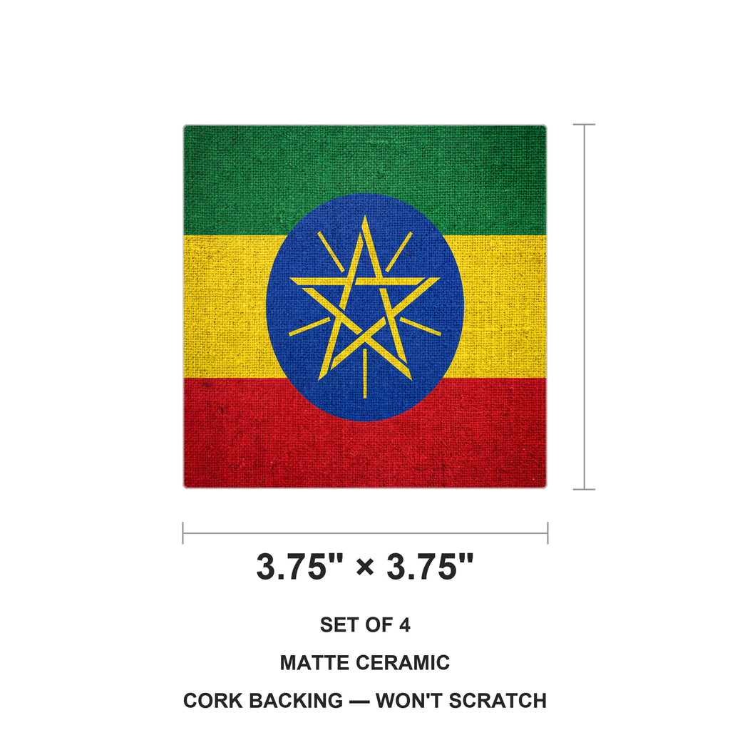 Ethiopia Flag Pride ceramic coasters set of 4, size 3.75 inches