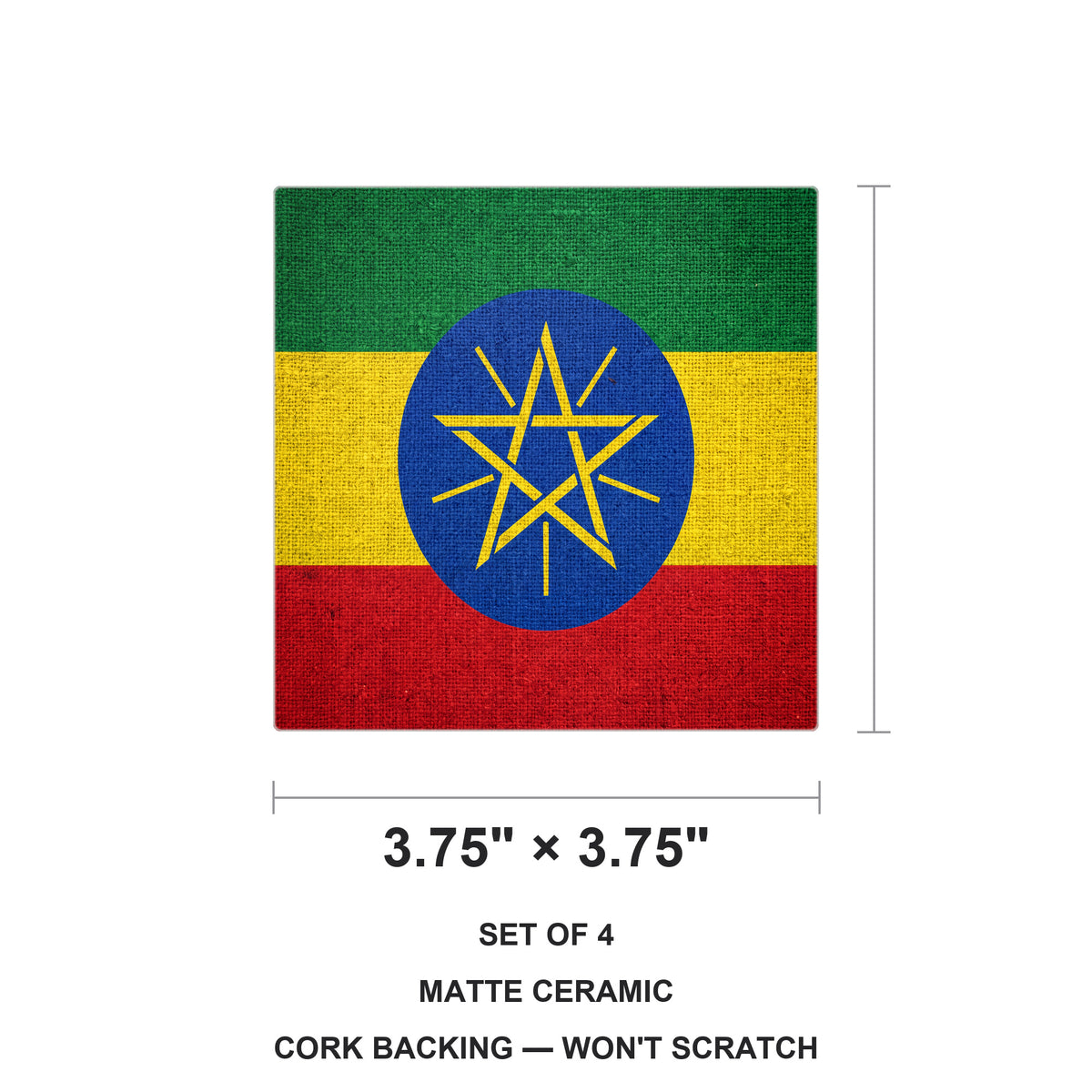 Ethiopia Flag Pride ceramic coasters set of 4, size 3.75 inches