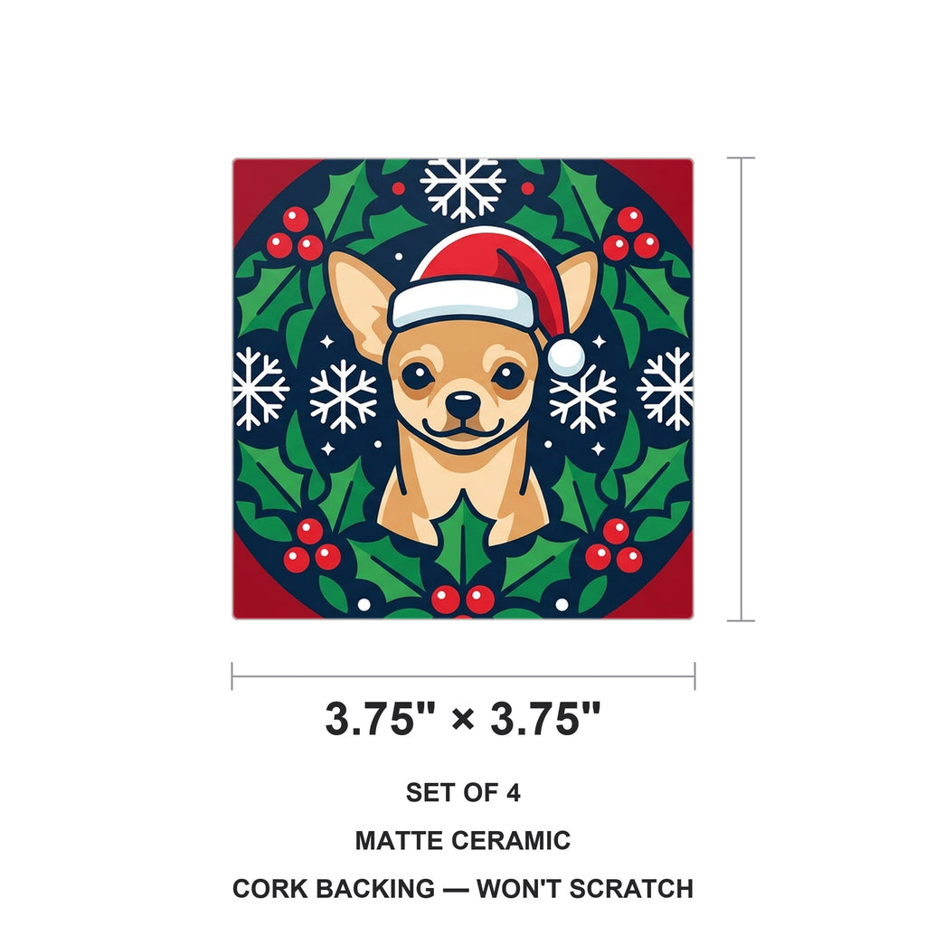 Chihuahua Christmas Ornament Art ceramic coasters set of 4, size 3.75 inches