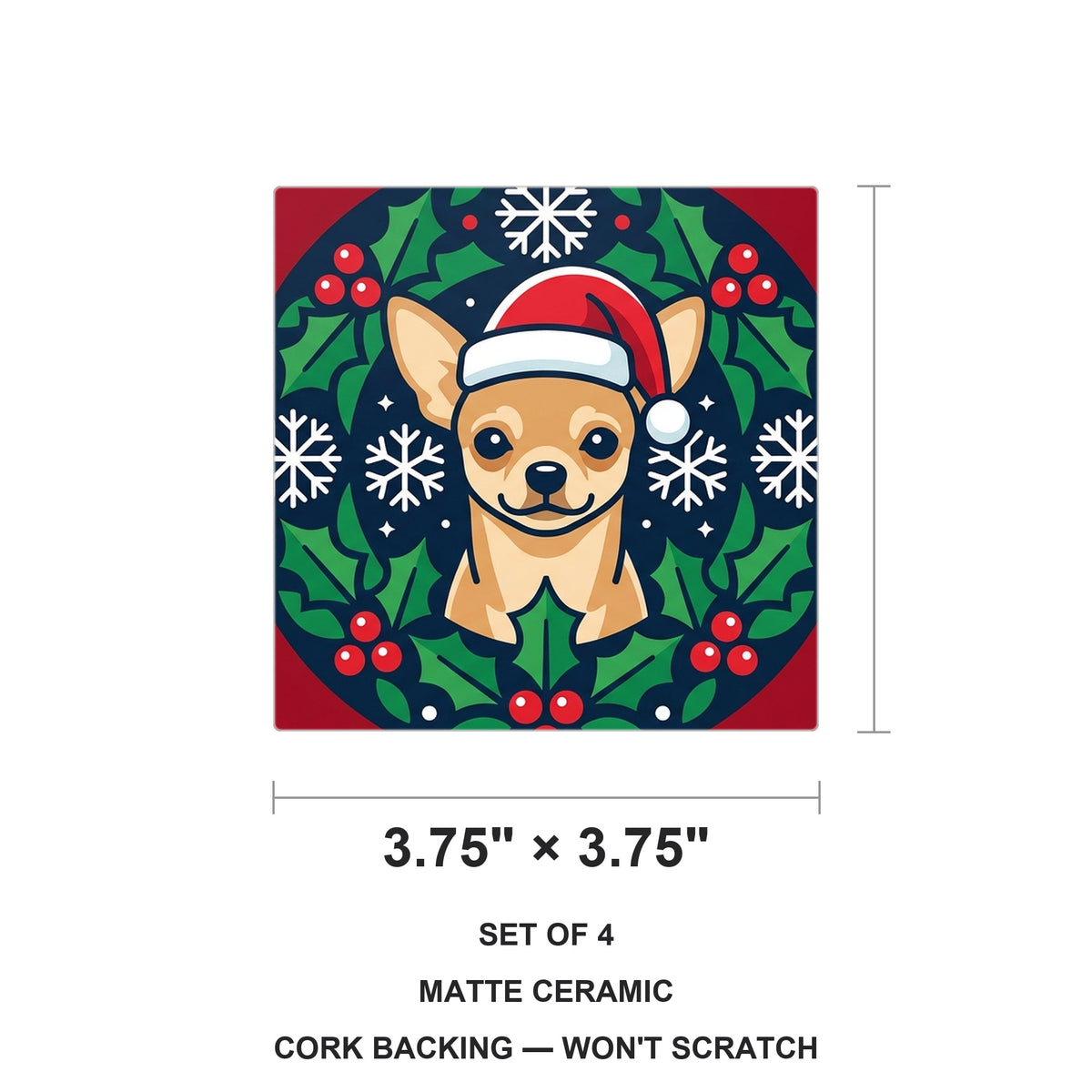 Chihuahua Christmas Ornament Art ceramic coasters set of 4, size 3.75 inches