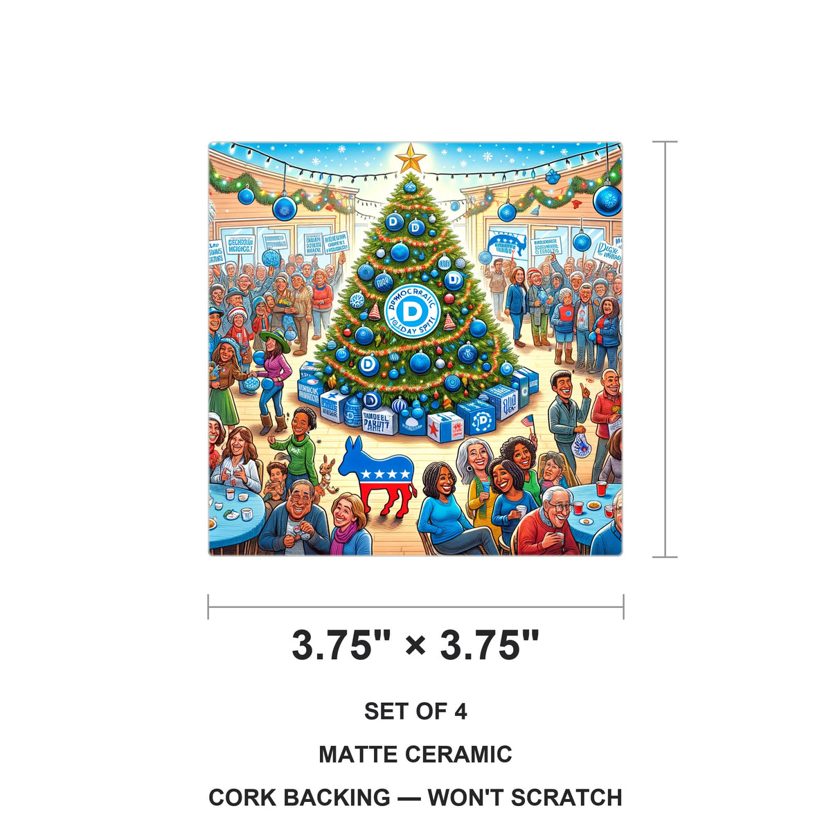 Blue Democratic Christmas ceramic coasters set of 4, size 3.75 inches