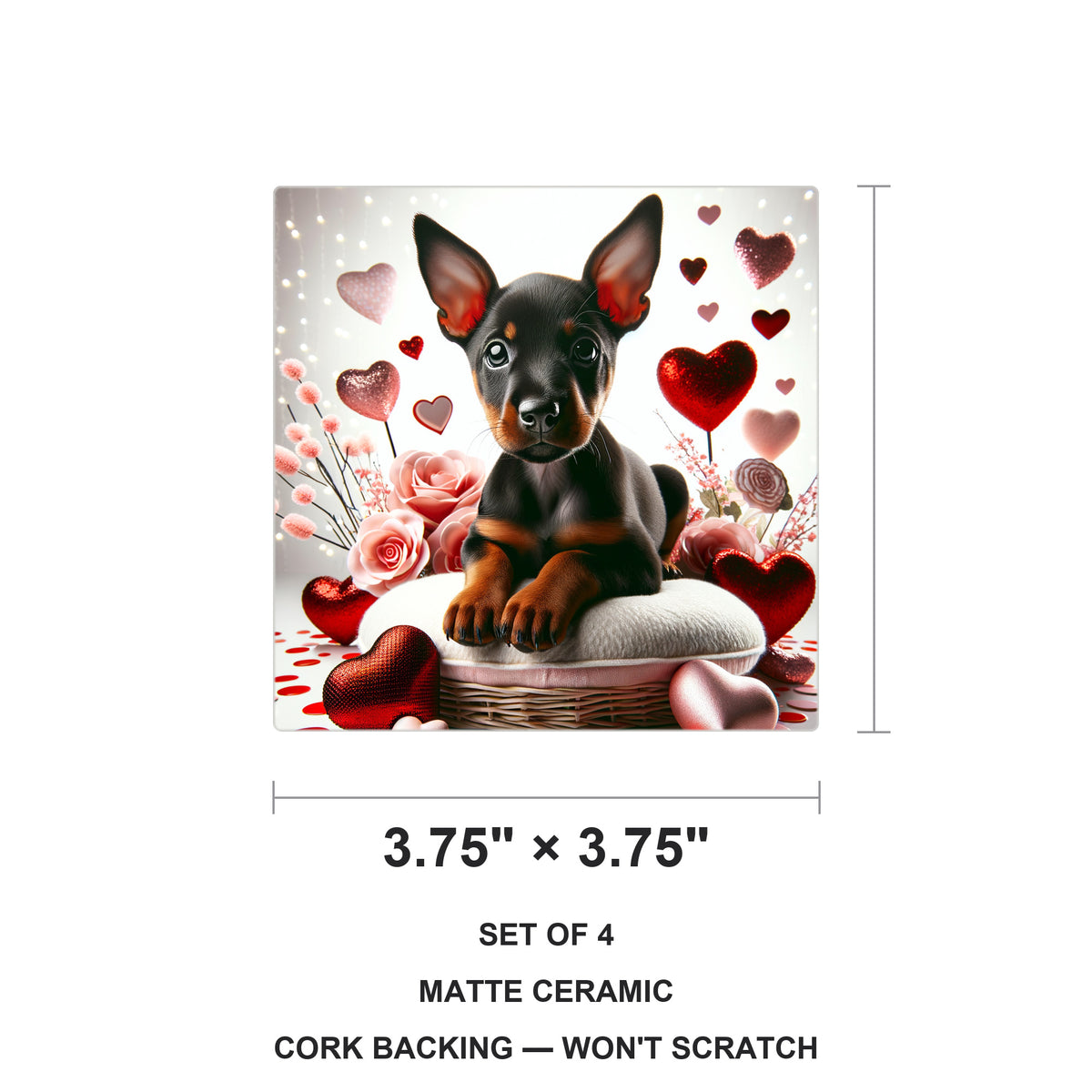 Doberman Pinscher ceramic coasters set of 4, size 3.75 inches